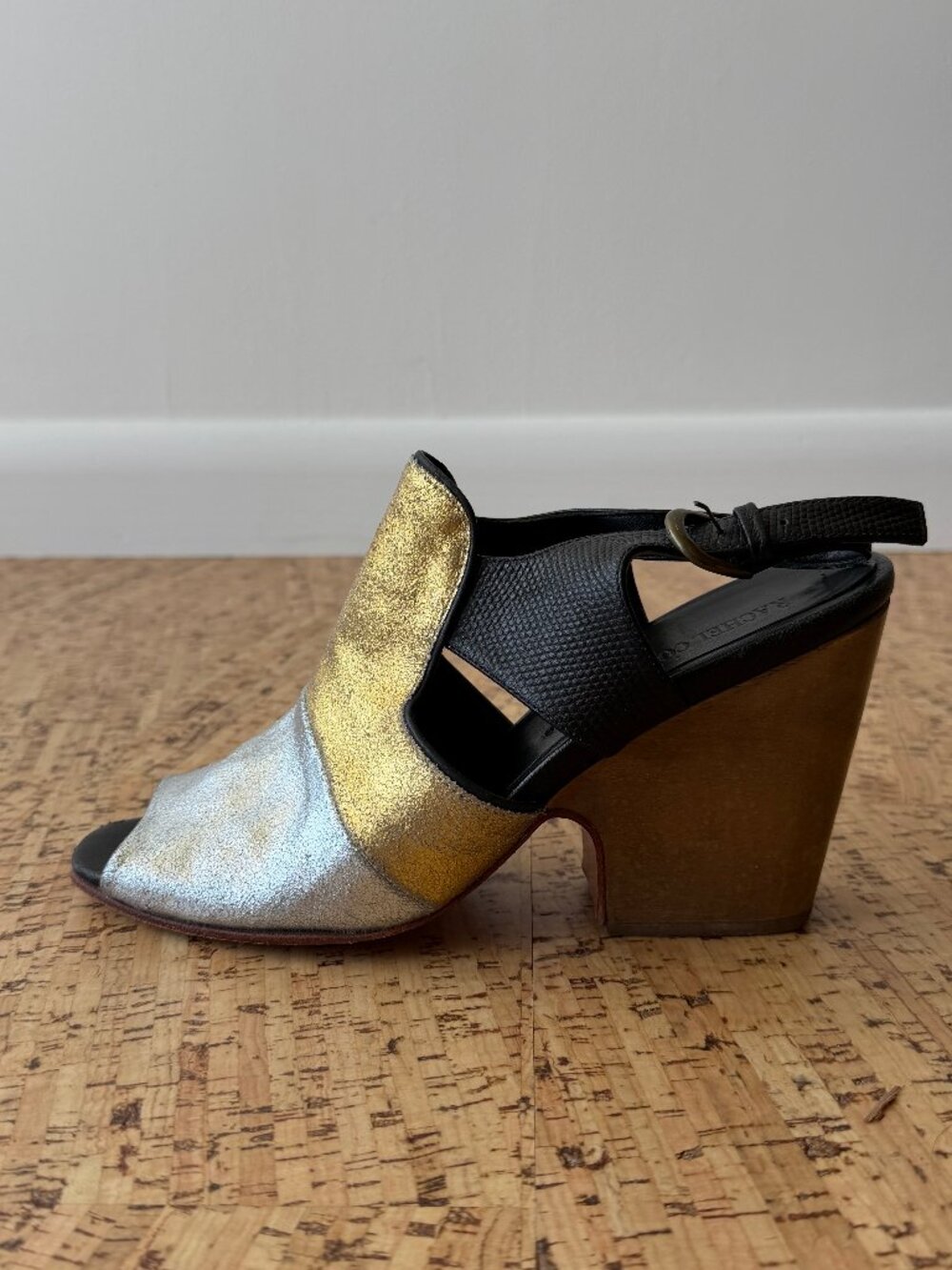 Rachel Comey Leather Heeled Black Gold & Silver Slingback Sandal Size 8